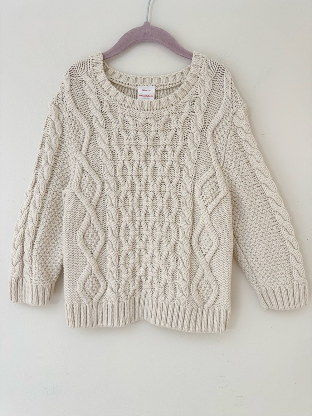 Hanna Andersson Classic Cable Knit Fisherman Sweater Cream Ivory Sz 100 / US 4